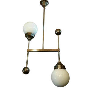 1940s Art Deco Bauhaus Brass Hanging Light with Milk Glass Shades