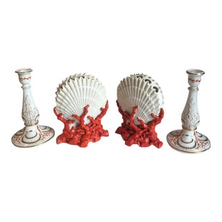 Staffordshire Coral and Shell Porcelain Bud Vases and Candlesticks - 4 Piece For Sale