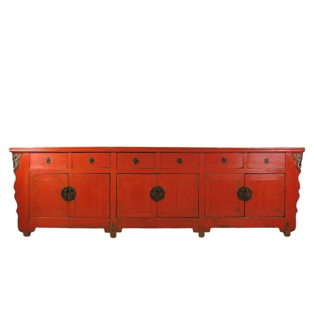 9 Feet Long Red Antique Chinese Buffet Sideboard Cabinet For Sale - Image 4 of 12