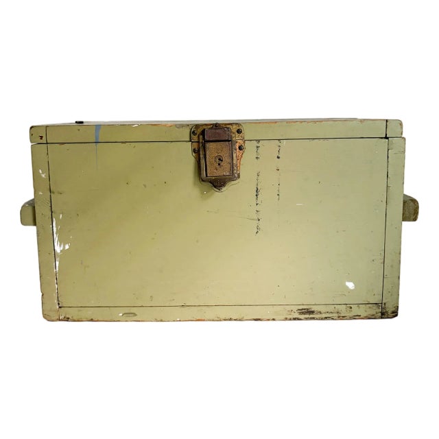 Antique Green Wood Storage Chest With Handles and Latch For Sale