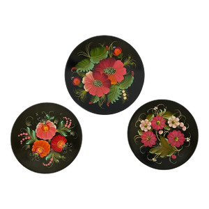 3 Vintage Hand Painted Oil/Wood Wall Hanging Floral Plates Made in the Ussr.