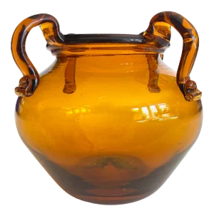 Vintage Mid Century Modernist Topaz Sienna Hand Blown Art Glass Jardiniere Bowl Vase