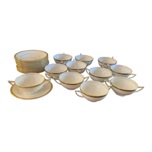 1950s Minton Bone China Gold Encrusted Cream Soup Bowls With Saucers- 22 Pieces