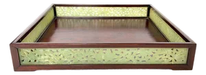 Chinese Reticulated Jadeite Stone and Rosewood Square Gallery Tray
