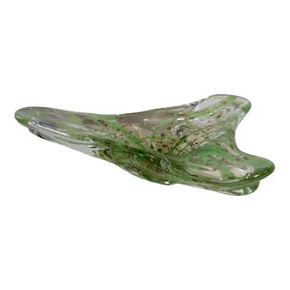 Vintage Murano Clear & Green with Gold Speckles Freeform Art Glass Bowl For Sale