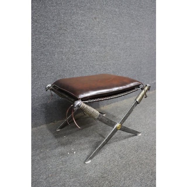Campaign Maitland-Smith Leather X-Base Stool With Cast Eagle Heads For Sale - Image 3 of 14