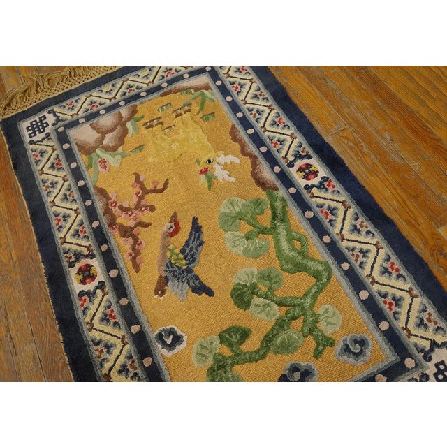 Art Deco 1930s Yellow Gold Scene Figural Antique Chinese Silk & Metallic Thread Rug 2'7" X 4'2" Wool Knotted Carpet For Sale - Image 3 of 12