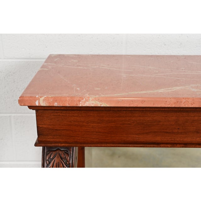 Late 20th Century Ethan Allen French Empire Carved Cherry Wood Marble Top Console Table With Mirrored Back For Sale - Image 5 of 14