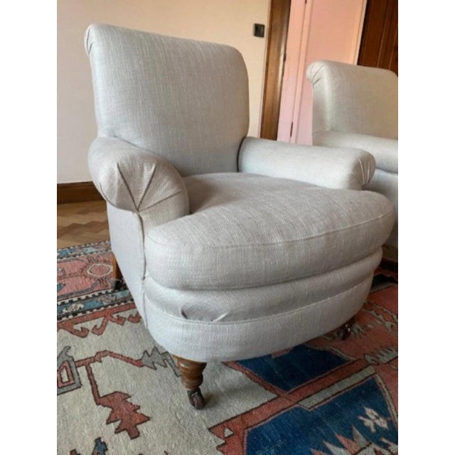 A beautiful pair of Edwardian armchairs, reupholstered in hemp. Previously bought from renowned antique dealer Hilary...