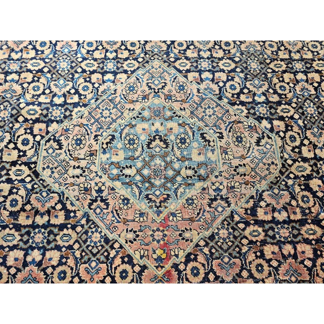 Antique Persian Tabriz Mahi Rug, Hand-Knotted Wool, Herati Geometric Pattern, Navy & Pale Red, 9x12 For Sale - Image 12 of 15