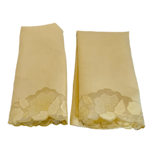 Pair Vintage Pale Yellow Madeira Linen & Organza Fingertip Towels