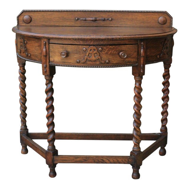 Antique English Barley Twist Demi Lune Table Foyer Sofa Table