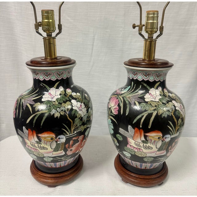 Wood Stylish Vintage Chinoiserie Famille Noire Vase Table Lamps - A Pair For Sale - Image 7 of 9