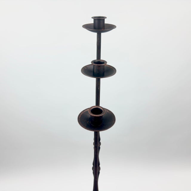 2020s Hand Forged Iron Candelabra Set of 3 (100-120cm) Antique Copper Finish Classic Spindle Node Floor Set For Sale - Image 5 of 7
