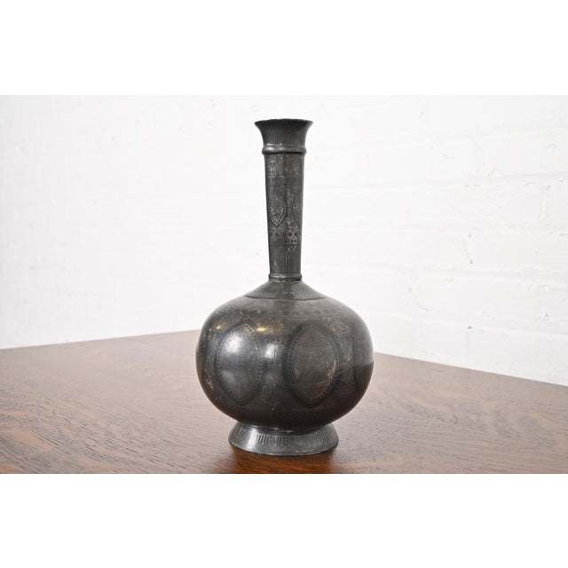 Indian Vintage Bidriware Sterling Silver on Patinated Bronze Vase or Vessel For Sale - Image 3 of 11