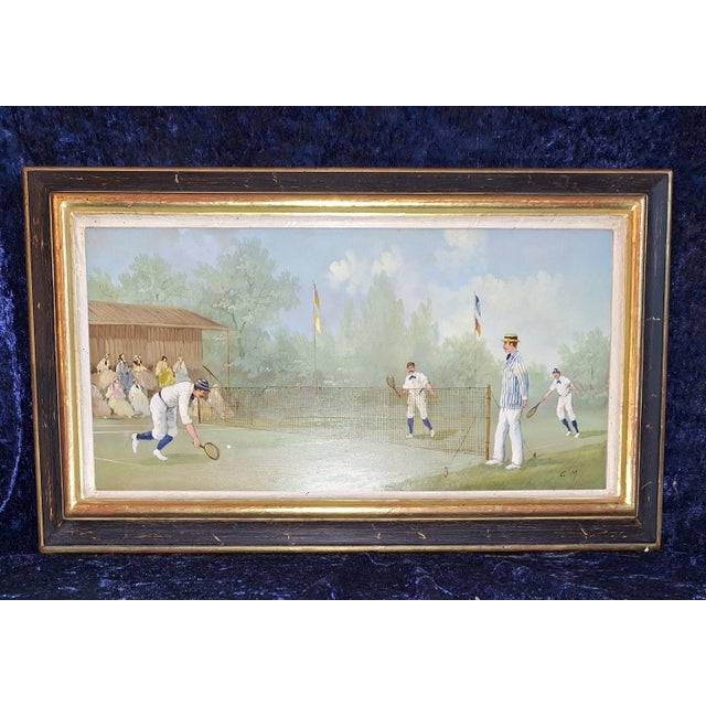 C.M., Tennisspieler aus der Zeit, 1890s, Oil Painting on Copper Plate, Copper & Paint & Spruce For Sale - Image 5 of 5