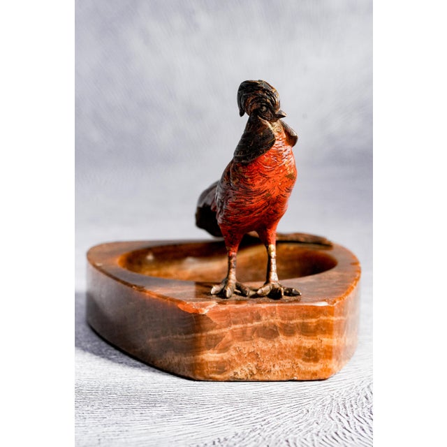 Austrian Antique Cold Painted Bronze Pheasant Bird Marble Catchall Dish For Sale - Image 12 of 17