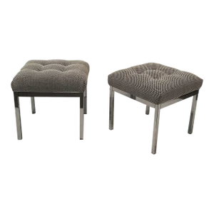 Mid Century Modern Chrome Ottomans With New Upholstery -A Pair