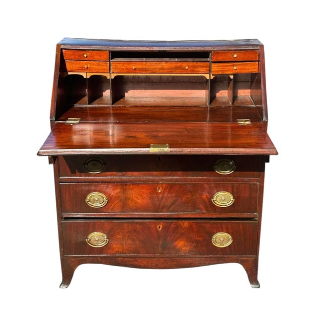 Red Antique George III Figured Mahogany Slant Lid Writing Desk With Rare Brass Pulls For Sale - Image 8 of 12