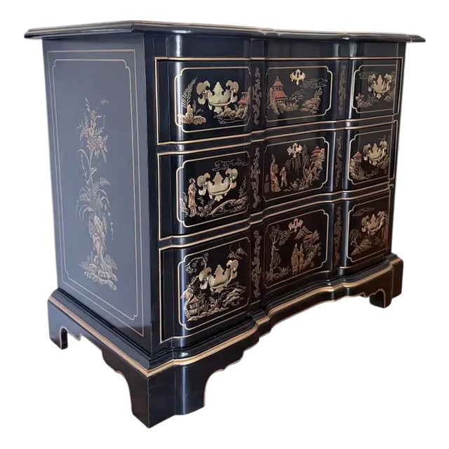 Gilt Chinoiserie Black Lacquer Serpentine Chest Dresser by Drexel Et Cetera For Sale