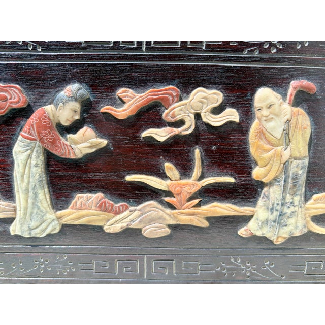 Antique Chinese Carved Rosewood Box With Figurines & Working Lock For Sale - Image 4 of 9