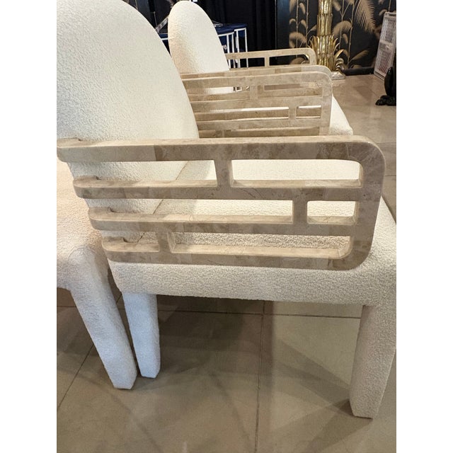 Maitland Smith 4 Tessellated Stone Marble Arm Dining Chairs New Boucle Fabric For Sale In West Palm - Image 6 of 12