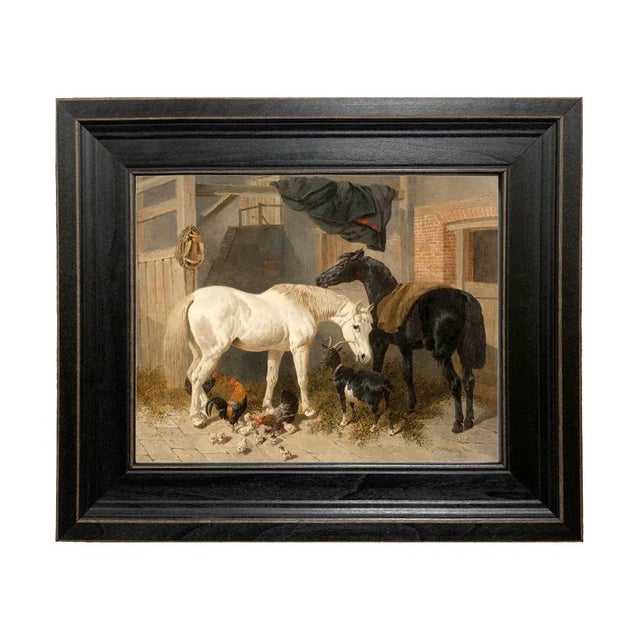 English "Horses, Goat and Chickens in Barn" Contemporary Reproduction Print on Canvas, Framed 11.75" x 13.75" For Sale - Image 3 of 3