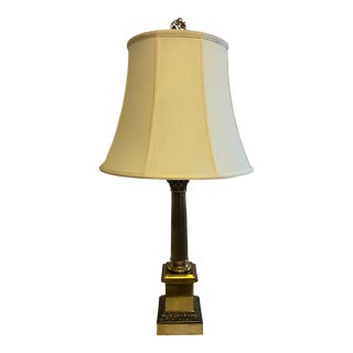 Vintage Brass Column Table Lamp With Original Shade For Sale