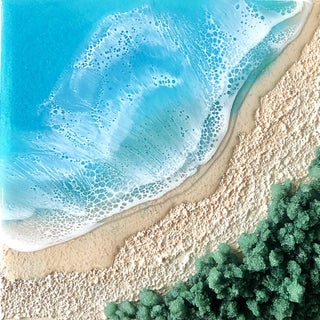 Here on the beach #3 by Ana Hefco | Mixed Media on Wood Beach scene with waves and green foliage. For Sale