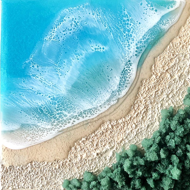 Here on the beach #3 by Ana Hefco | Mixed Media on Wood Beach scene with waves and green foliage. For Sale