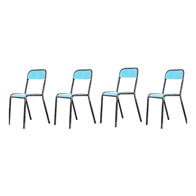 French Stacking D Back Dining Chairs in Blue from Mullca, 1950s, Set of 4 For Sale