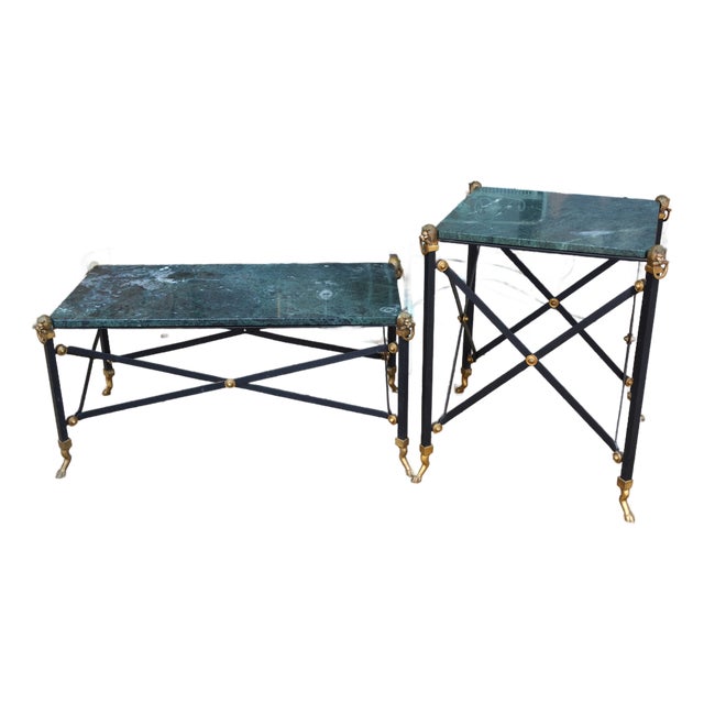 1970s Neoclassical Green Marble Top / Brass Lions / Paw Feet Metal Coffee Table & End Table Set For Sale