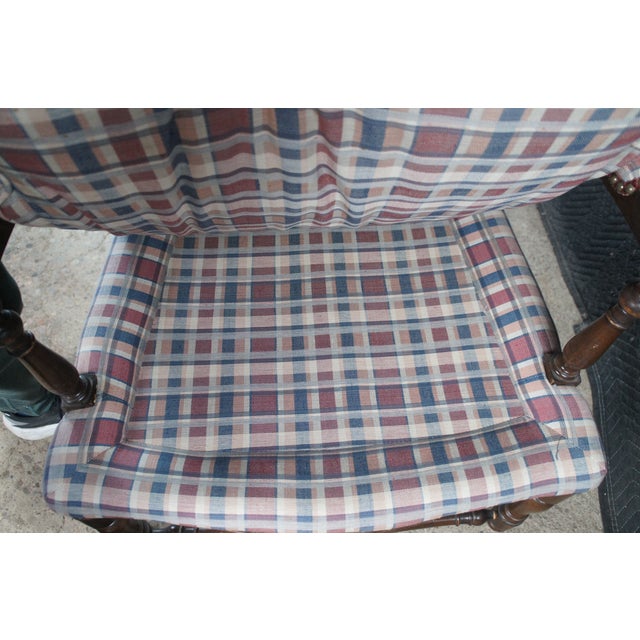 Late 20th Century 2 French Country Walnut Plaid Fauteuil Nailhead Ladderback Club Lounge Armchairs For Sale - Image 12 of 12