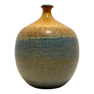 Vintage 1971 Signed Chi Studio Pottery Bottle Vase Blue Amber Drip Glaze For Sale