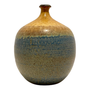 Vintage 1971 Signed Chi Studio Pottery Bottle Vase Blue Amber Drip Glaze