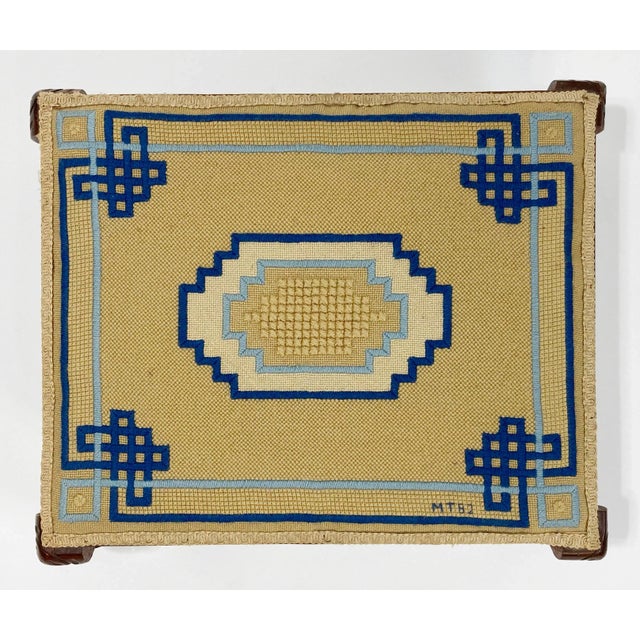 Vintage Needlepoint Carved Wood Footstool For Sale - Image 4 of 9