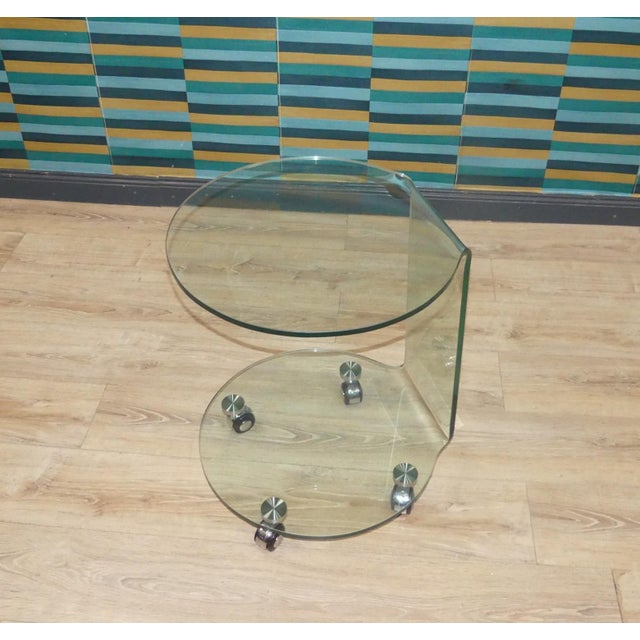 Glass Vintage Round Side Table on Wheels, 1980s For Sale - Image 7 of 8