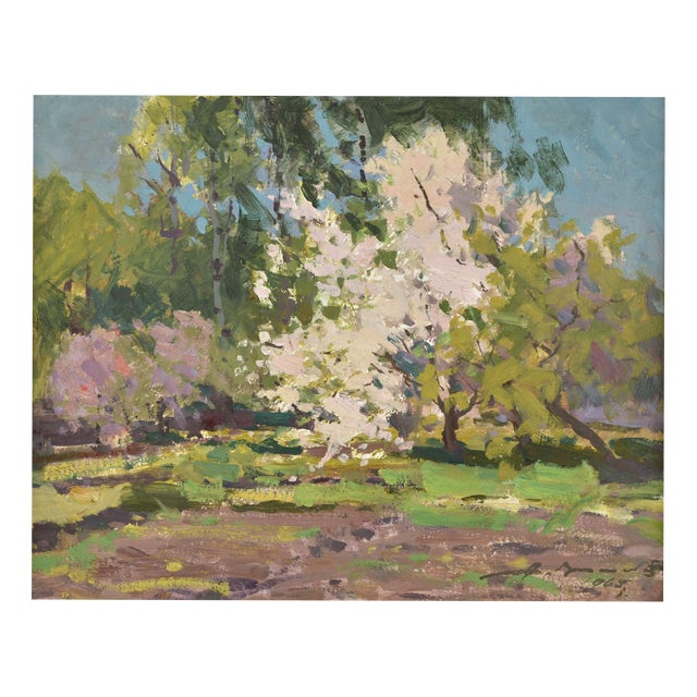 Alfejs Bromults, Apple Tree Blooming, 1969, Oil on Cardboard For Sale