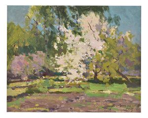 Alfejs Bromults, Apple Tree Blooming, 1969, Oil on Cardboard