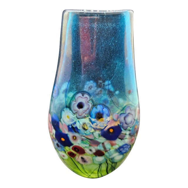 Hand-Blown Robert Held Art Glass Floral Landscape Teardrop Vase For Sale