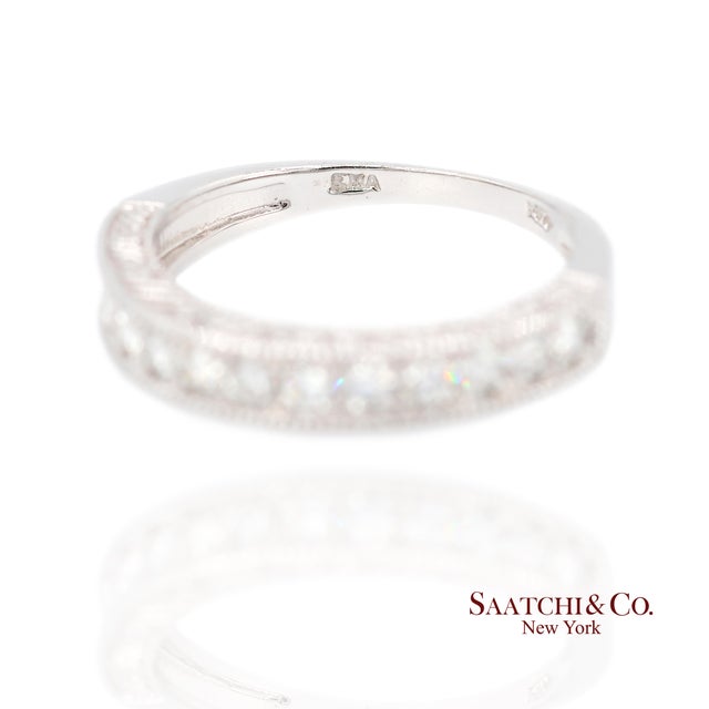 Silver 14k (585) White Gold Natural Diamond Engraved Band Ring, Size 9 For Sale - Image 8 of 9