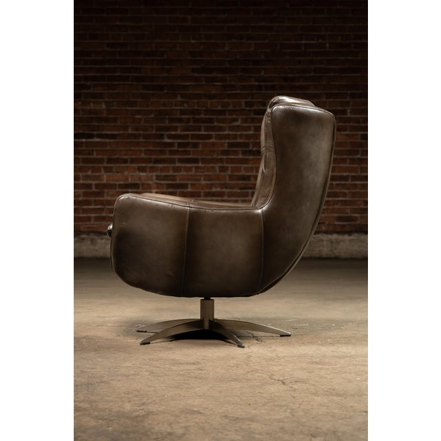 MCM Tufted Leather Wingback Swivel Chair With Ottoman in Grey For Sale - Image 9 of 12