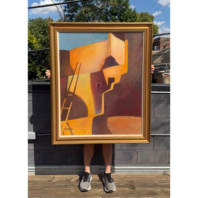Mid-Century Modern Large Mid-Century Southwestern Modernist Adobe Pueblo Architecture Oil Painting - Framed For Sale - Image 3 of 5