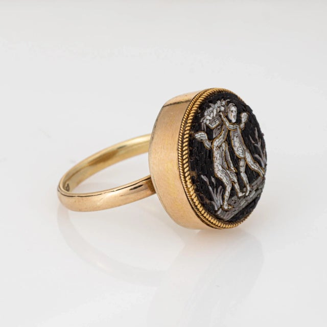 Antique Victorian Micro Mosaic Ring Cherubs 14k Yellow Gold Sz 9 Fine Jewelry For Sale - Image 4 of 6