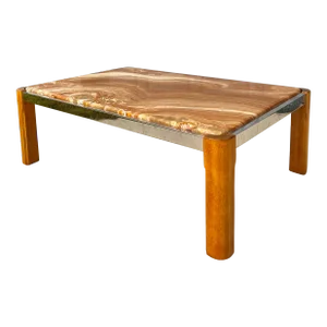 Modern Desert Onyx Coffee Table With Wood + Chrome Base