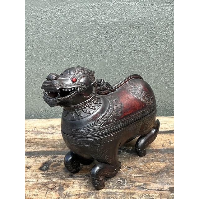 Ebony Vintage Asian Carved Wood Lion Box For Sale - Image 8 of 12