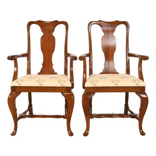 Henkel Harris Style Queen Anne Solid Cherry Wood Armchairs or Dining Captain Chairs, Pair For Sale