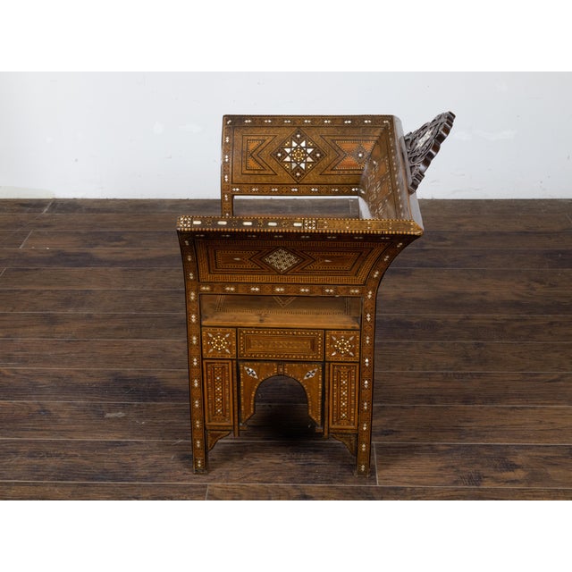 Wood Moorish Style Moroccan 1900s Armchair with Mother of Pearl Geometric Inlay For Sale - Image 7 of 12