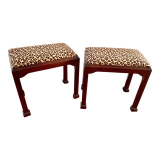 Mahogany Leopard Print Benches Stools - a Pair For Sale