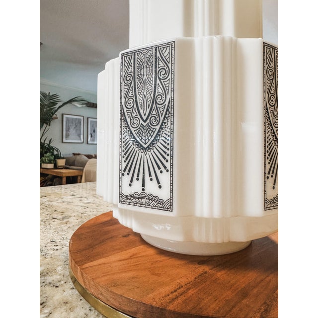 Authentic antique Art Deco skyscraper pendant ceiling light with stunning black geometric transfer design panels and...